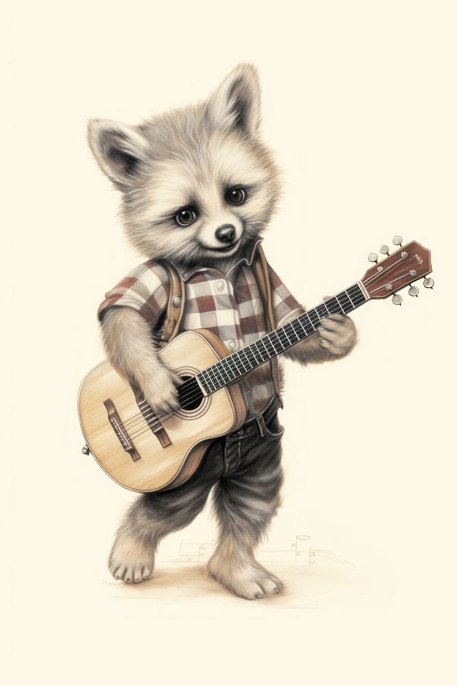 A cute animal character playing music instrumental recreation guitarist performer.