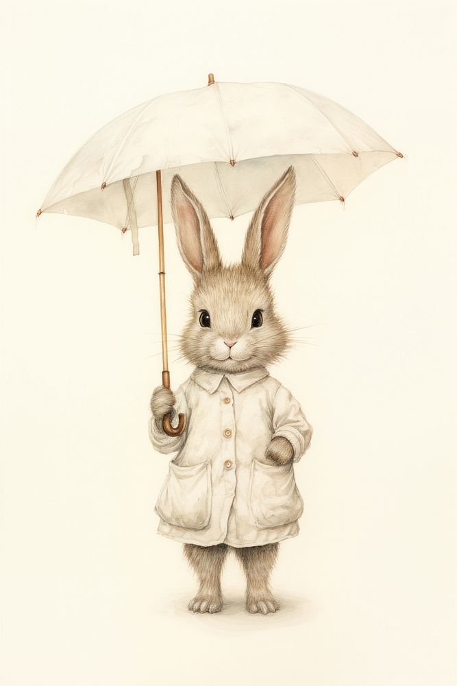 A cute rabbit character carry an umbrella clothing apparel animal.