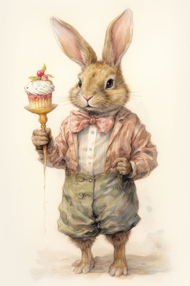 A cute rabbit character eating dessert painting animal mammal.