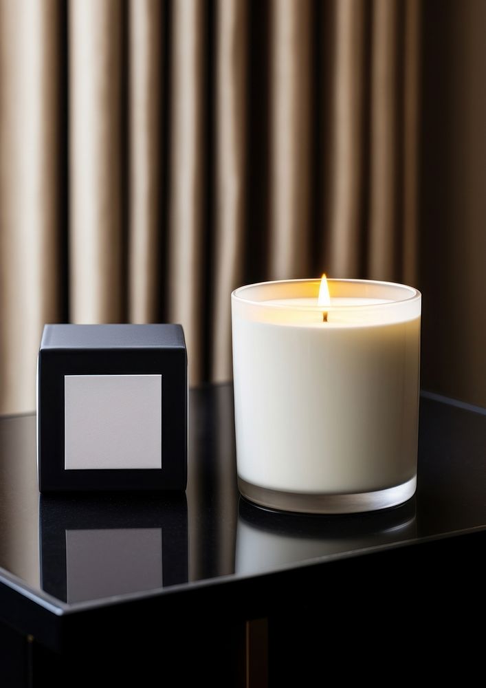 White aroma candle with packaging box electronics beverage speaker.