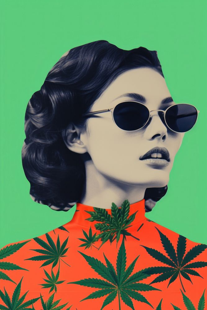Minimal retro collage of cannabis art accessories sunglasses.
