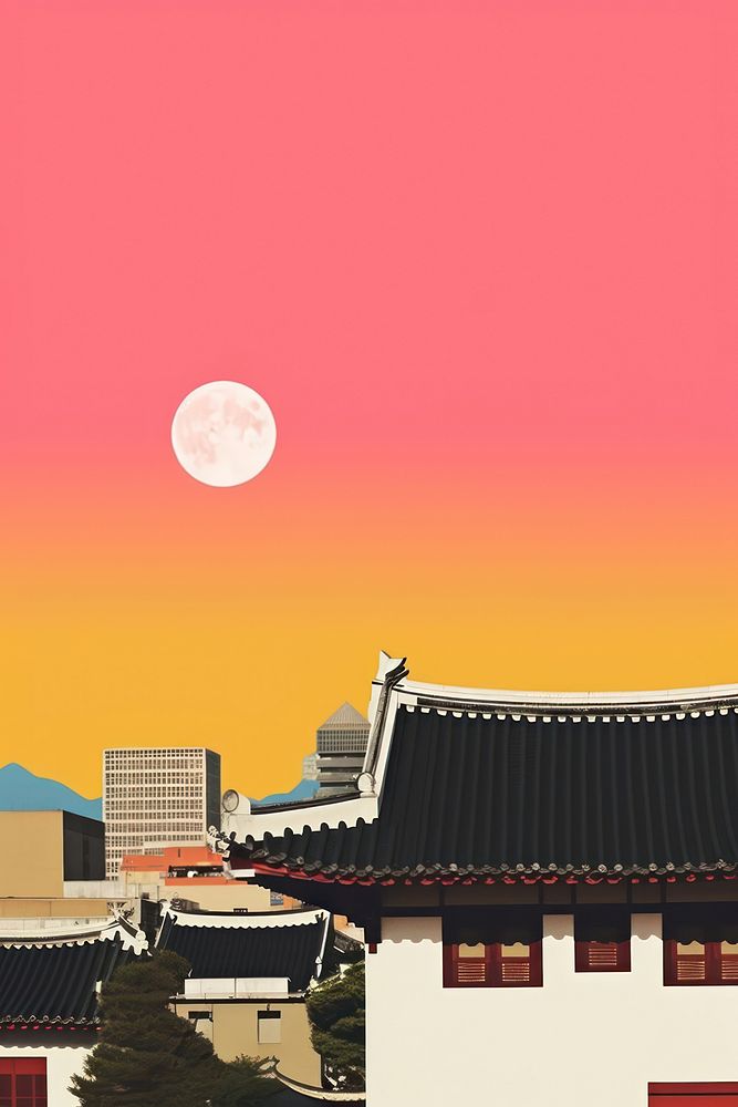 Minimal retro collage of korea architecture astronomy cityscape.