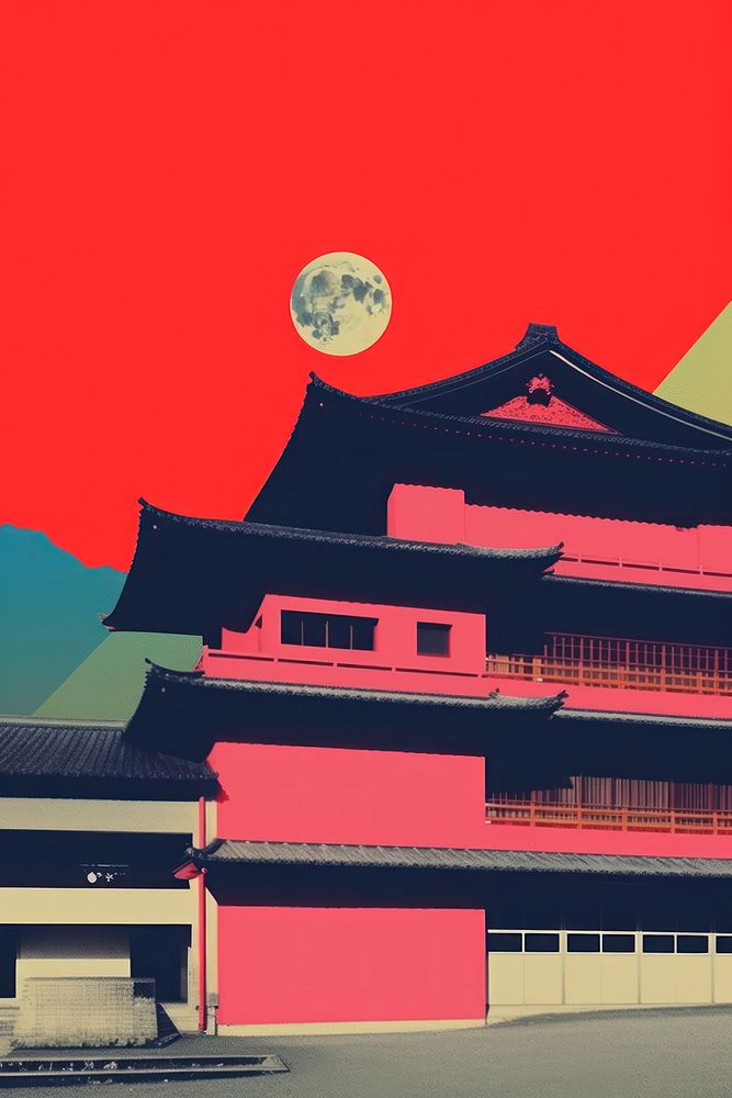Minimal retro collage of japan culture astronomy outdoors nature.