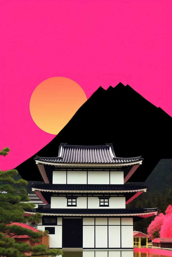Minimal retro collage of japan culture architecture building outdoors.