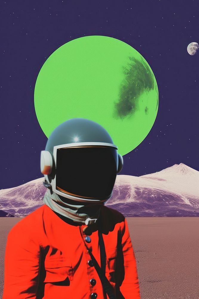 Minimal retro collage of sci fi astronomy outdoors clothing.