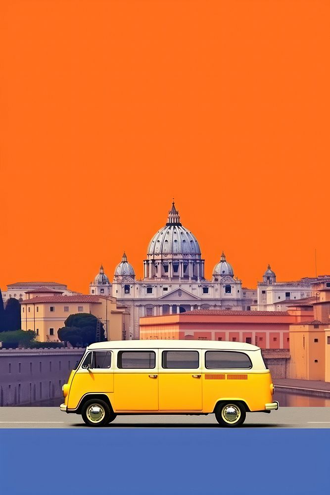 Minimal retro collage of rome transportation architecture automobile.