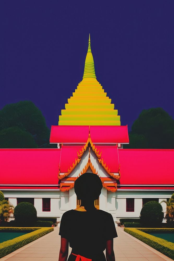 Minimal retro collage of thailand landmark person human.