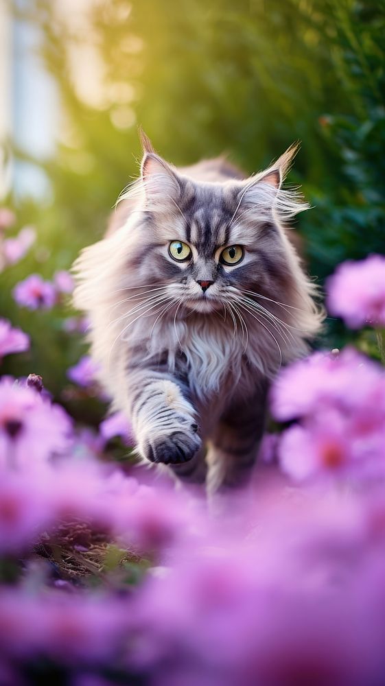A cat running in the summer flowers garden photography purple asteraceae.