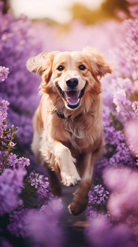 A dog running in the summer flowers garden purple outdoors blossom.