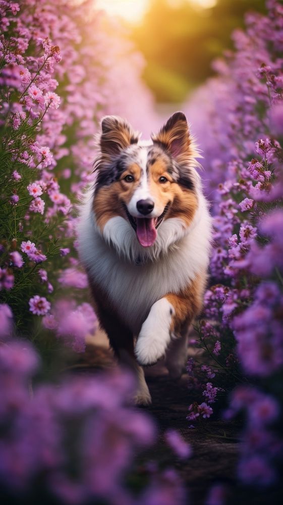 A dog running in the summer flowers garden purple asteraceae outdoors.