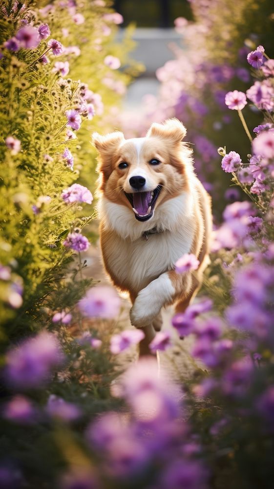 A dog running in the summer flowers garden photography purple asteraceae.