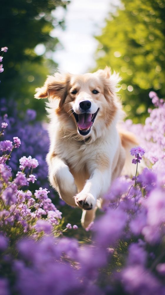 A dog running in the summer flowers garden purple vegetation asteraceae.