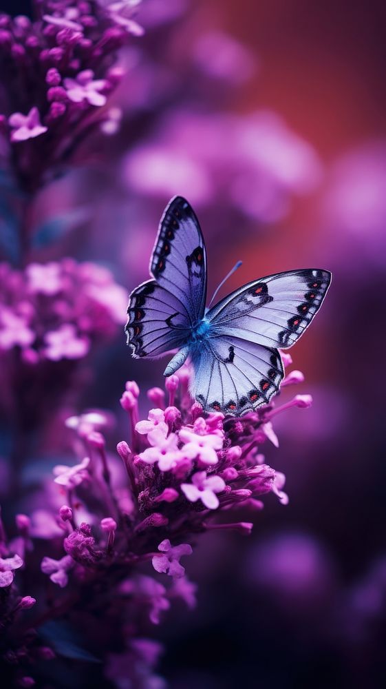 A purple butterfly flying in purple lavender flowers garden invertebrate outdoors blossom.