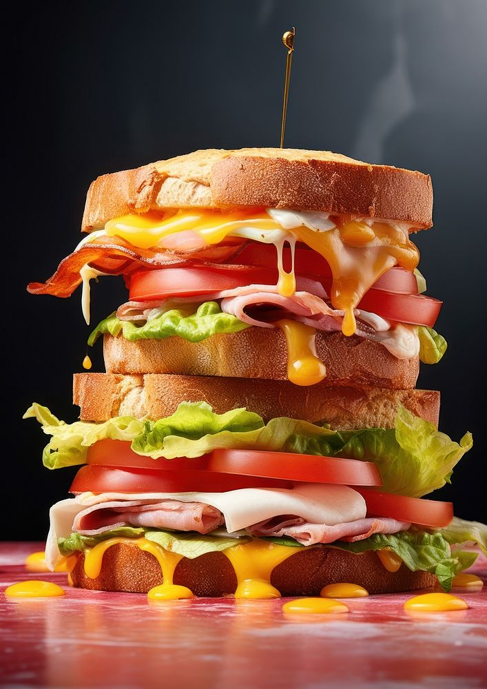 The sandwich is flying in layers from top to bottom food medication burger.
