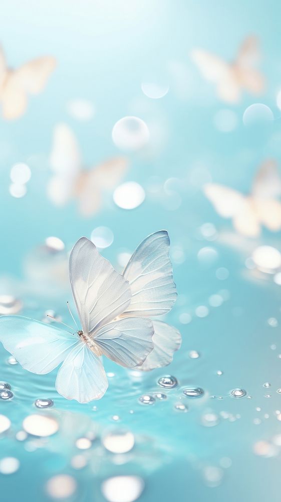 Light pastel blue butterflies outdoors blossom jacuzzi.