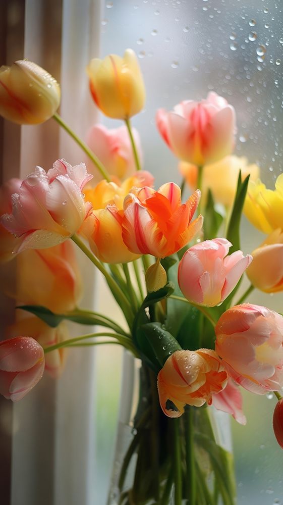Tulips close to glass window flower blossom plant.