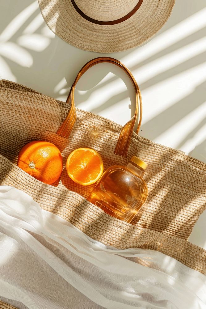 Rattan summer bag with reusable bottle and orange inside accessories cosmetics accessory.