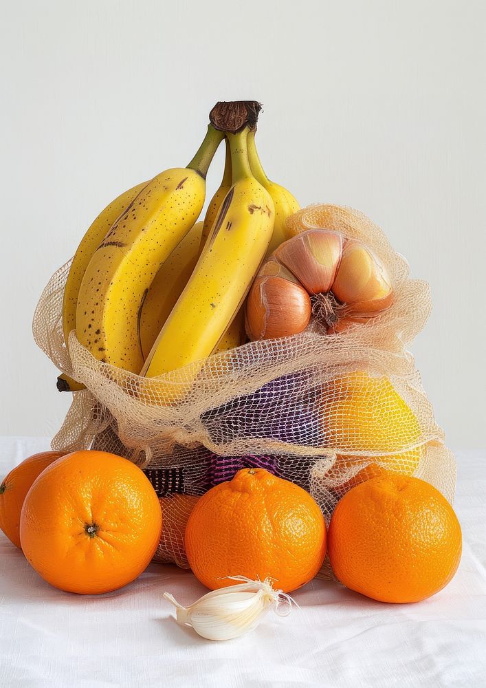 A mesh bag of fruits including orange and banana grapefruit produce plant.