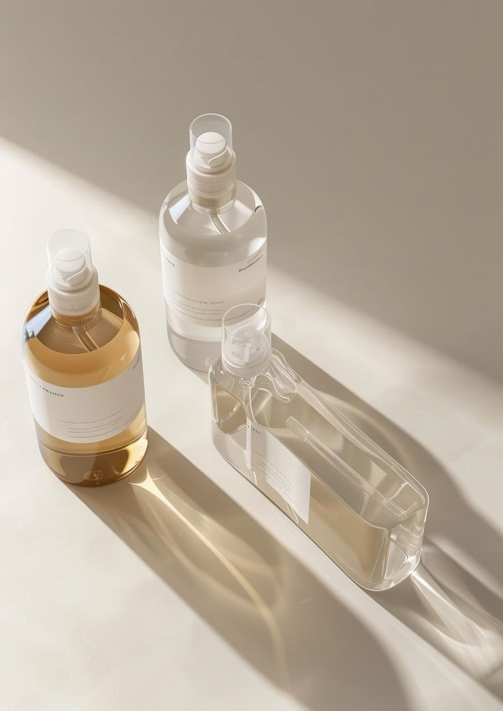 A top view photo of 2 clear bottles and 2 containers mock up for home cleaning products cosmetics perfume food.