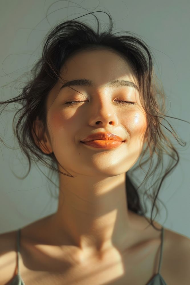 Asian woman eyes closed and smile widely to camera with healthy facial skin photography portrait person.