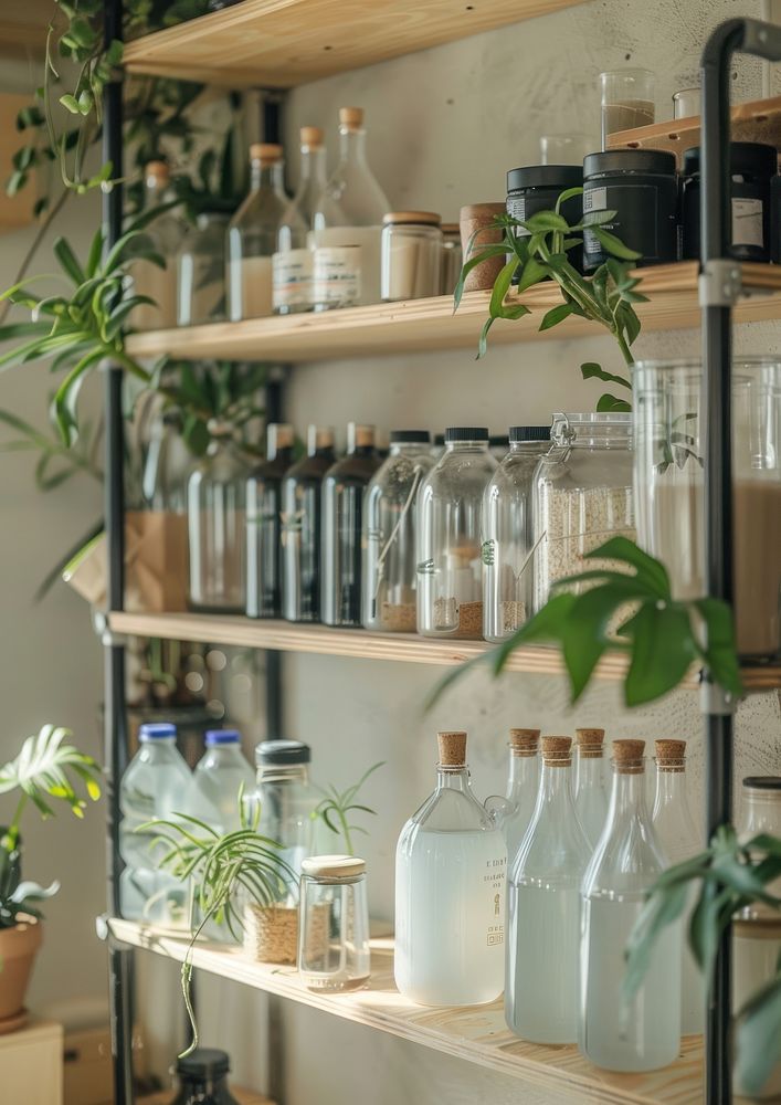 One corner shelf of a liquid refill station in a zero waste shop furniture indoors pantry.