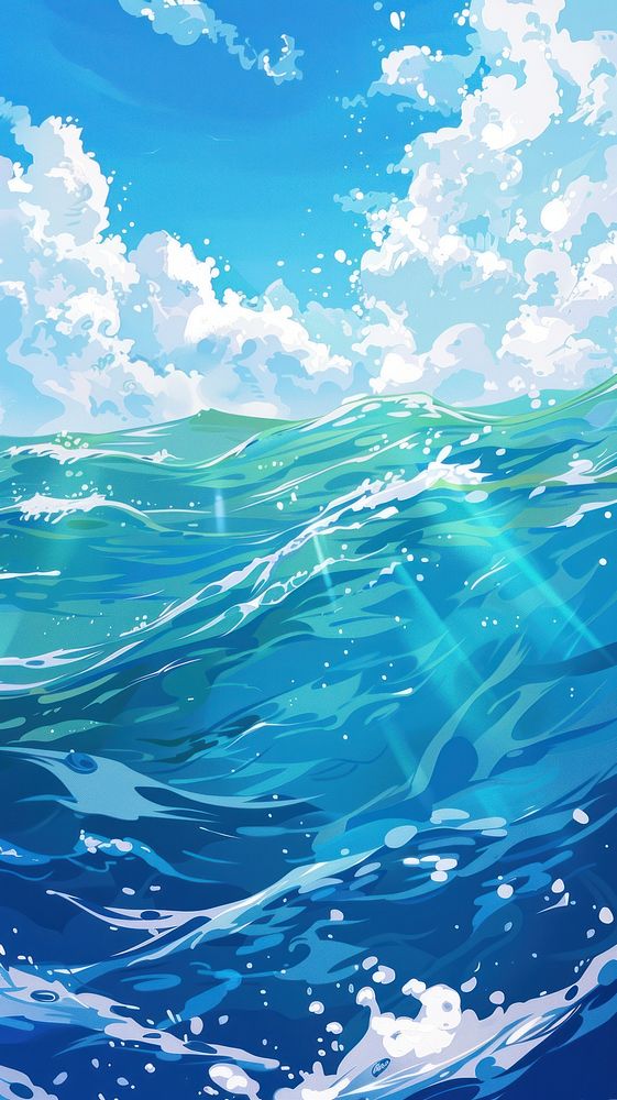 Blue sea ocean water surface and underwater with sunny and cloudy sky outdoors painting scenery.