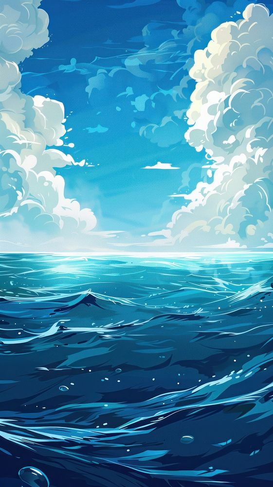 Blue sea ocean water surface and underwater with sunny and cloudy sky outdoors painting scenery.