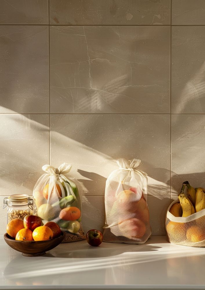 Minimalist kitchen scene with the focus on an array of ecofriendly fruit food jar.