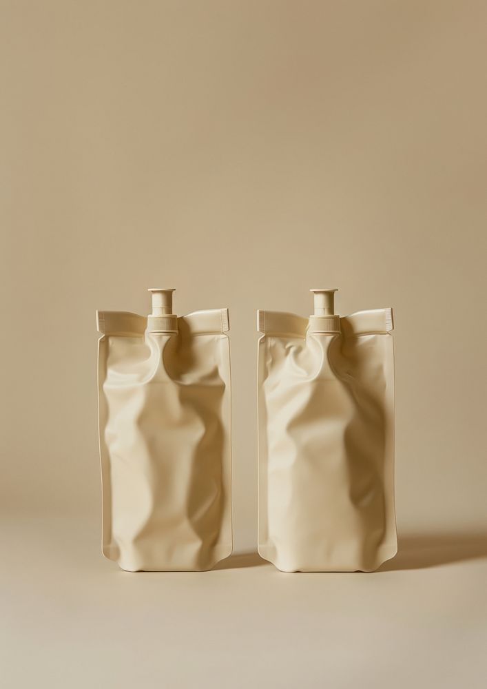 2 minimal matte beige plastic refill spout pouches porcelain pottery bottle.