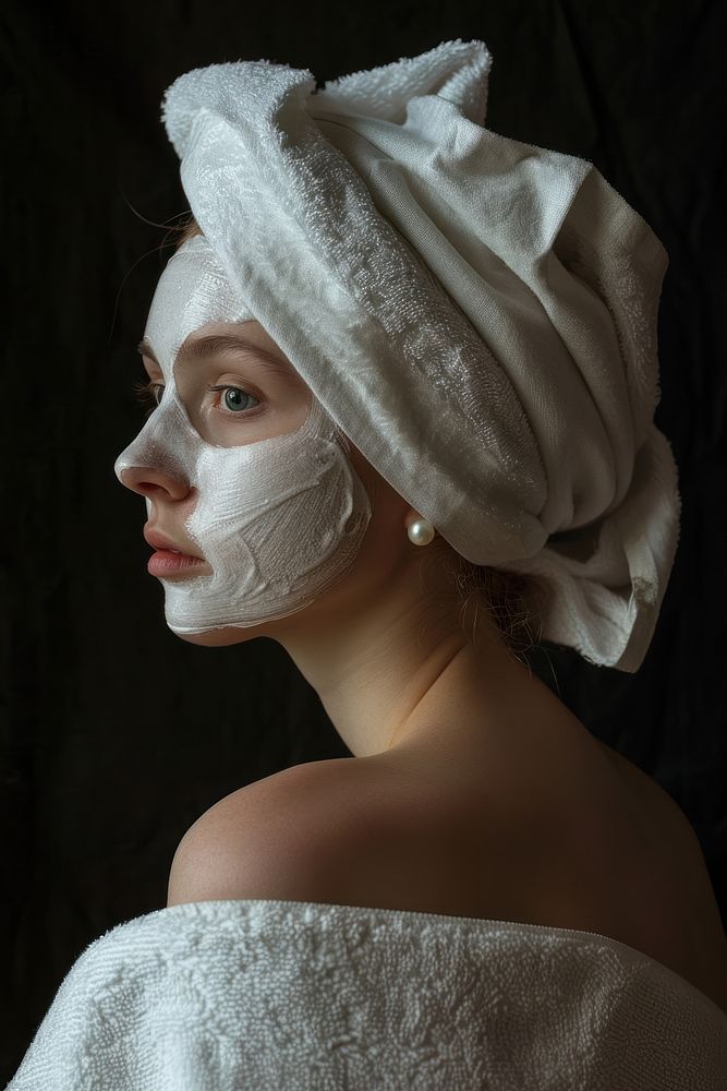 Woman with white facial sheet mask on her face and white towel around her head photo photography portrait.