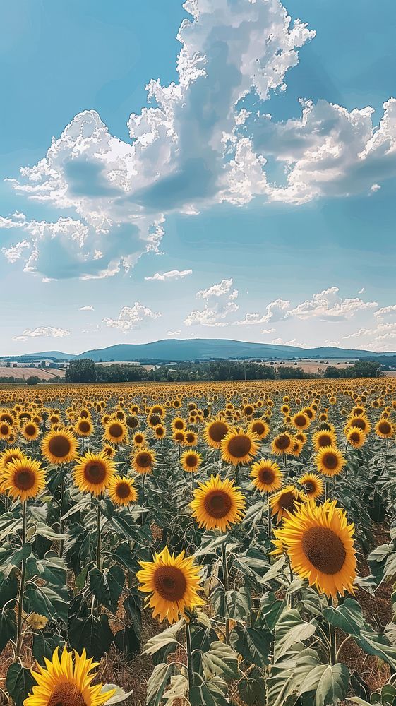 Agricultural summer landscape with sunflowers field and sky outdoors blossom scenery.