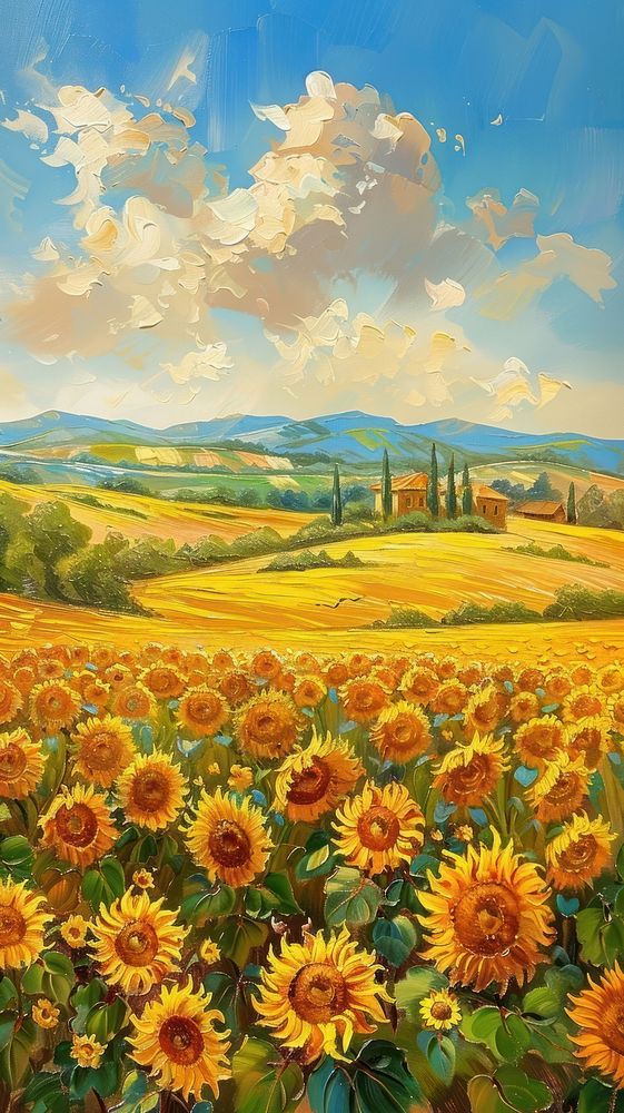 Agricultural summer landscape with sunflowers field and sk asteraceae outdoors painting.
