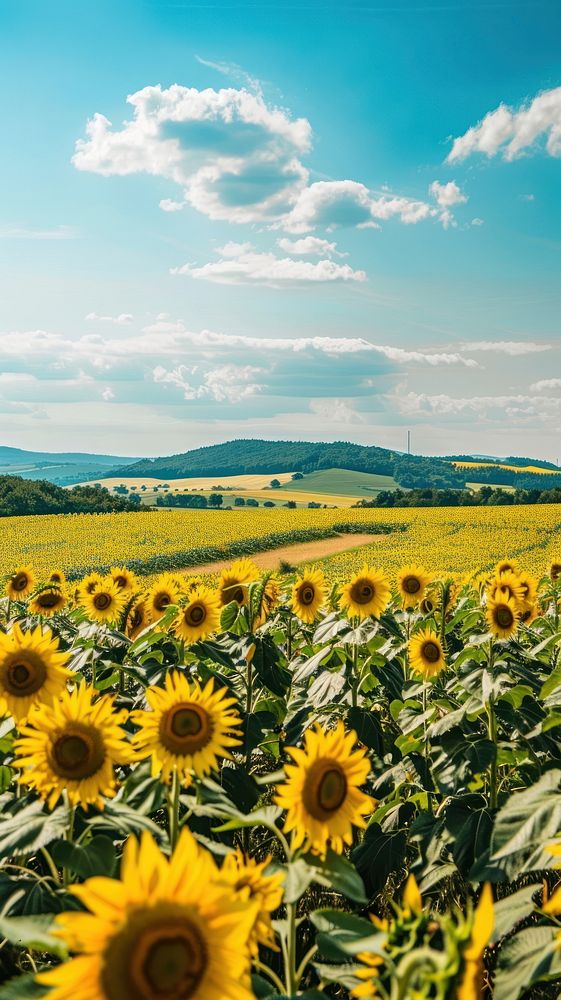 Agricultural summer landscape with sunflowers field and sk outdoors scenery blossom.