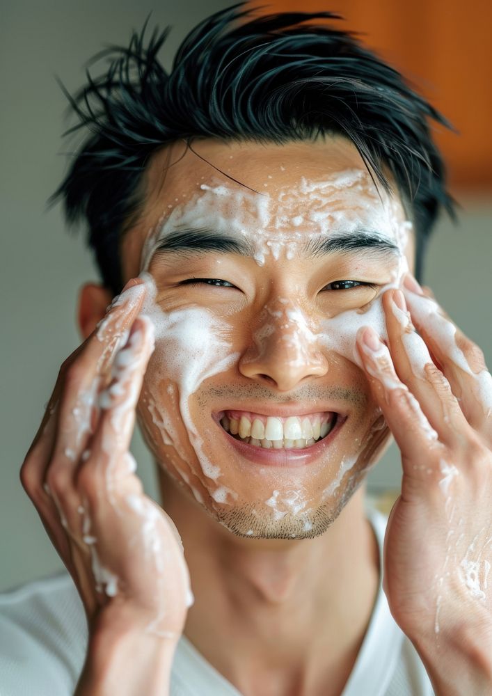 Asian man applying white facial scrubb to both cheeks bathing person adult.