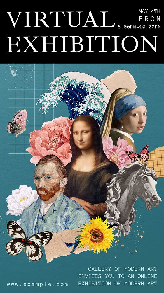 Art exhibition Instagram story template, Van Gogh's, Da Vinci's & Johannes Vermeer's famous artworks, remixed by rawpixel.