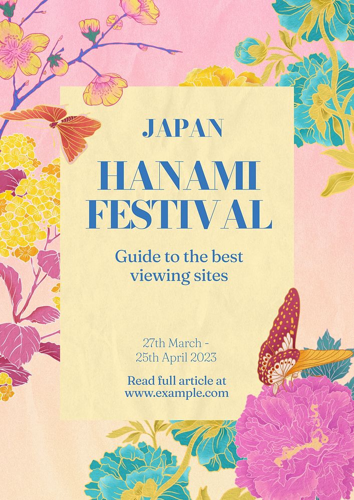 Hanami festival  poster template, vintage Ukiyo-e art remix