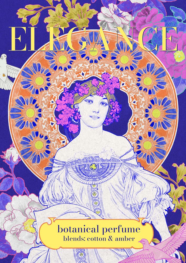 Alphonse Mucha's woman poster template,  perfume shop, remixed by rawpixel
