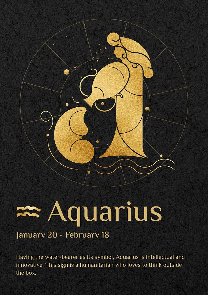 Aquarius horoscope sign poster template,  gold Art Nouveau design, remixed by rawpixel