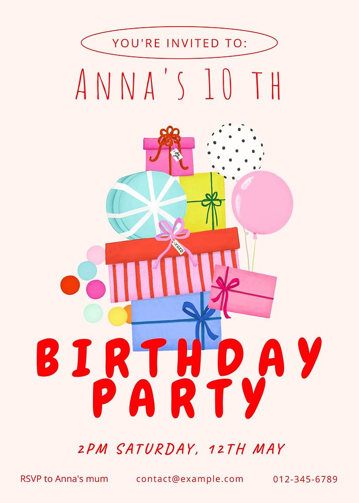 Birthday invitation card template,  digital painting remix