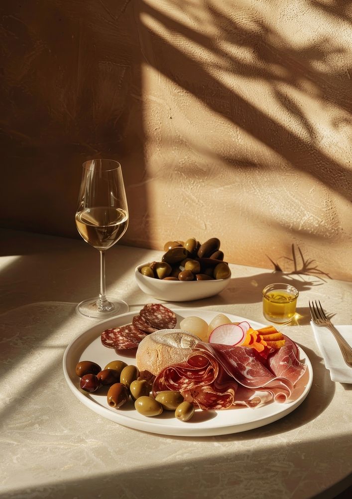 White plates featuring an assortment of Spanish charcuterie and bread on one plate food dish countryside.