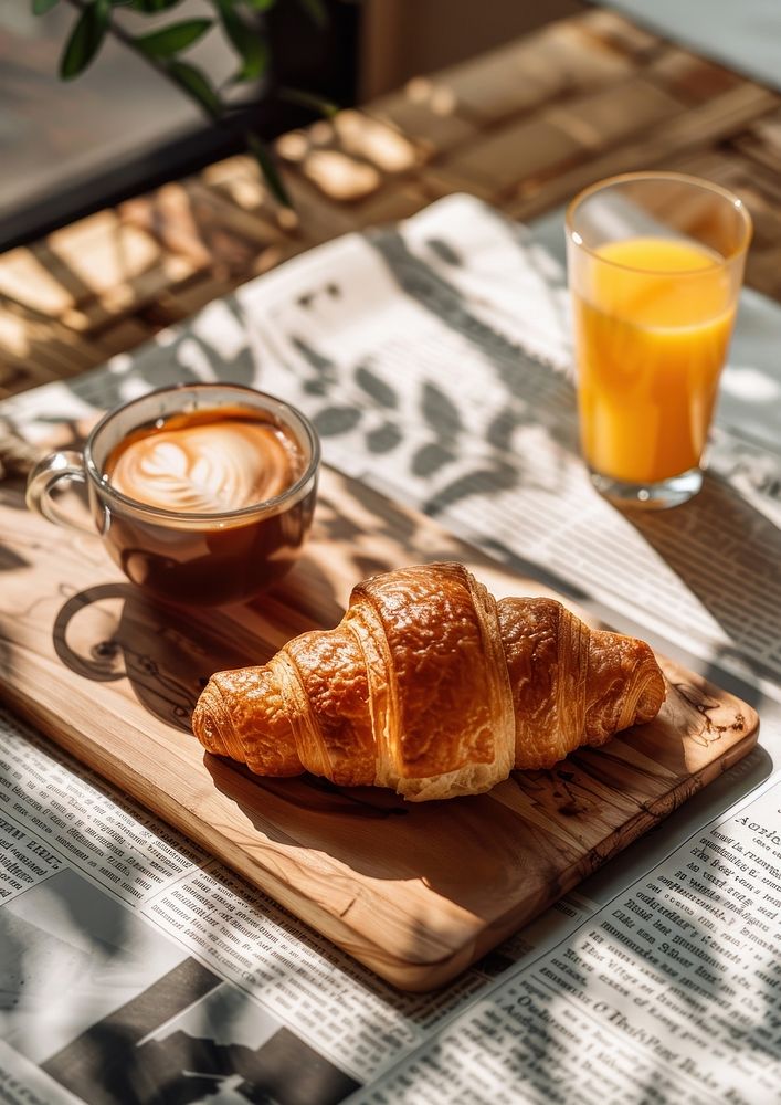 Wooden board with one croissant and jam coffee beverage brunch.