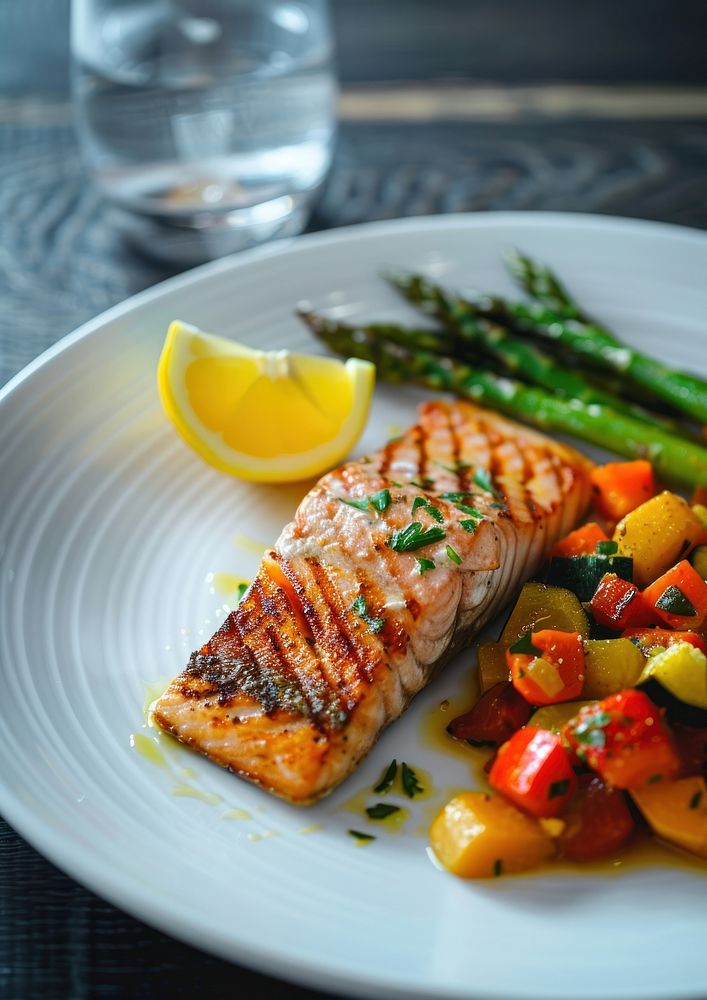 Grilled salmon with colorful vegetable ratatouille plate food seafood.