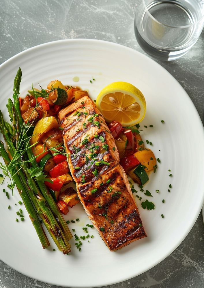Grilled salmon with colorful vegetable ratatouille food seafood meat.