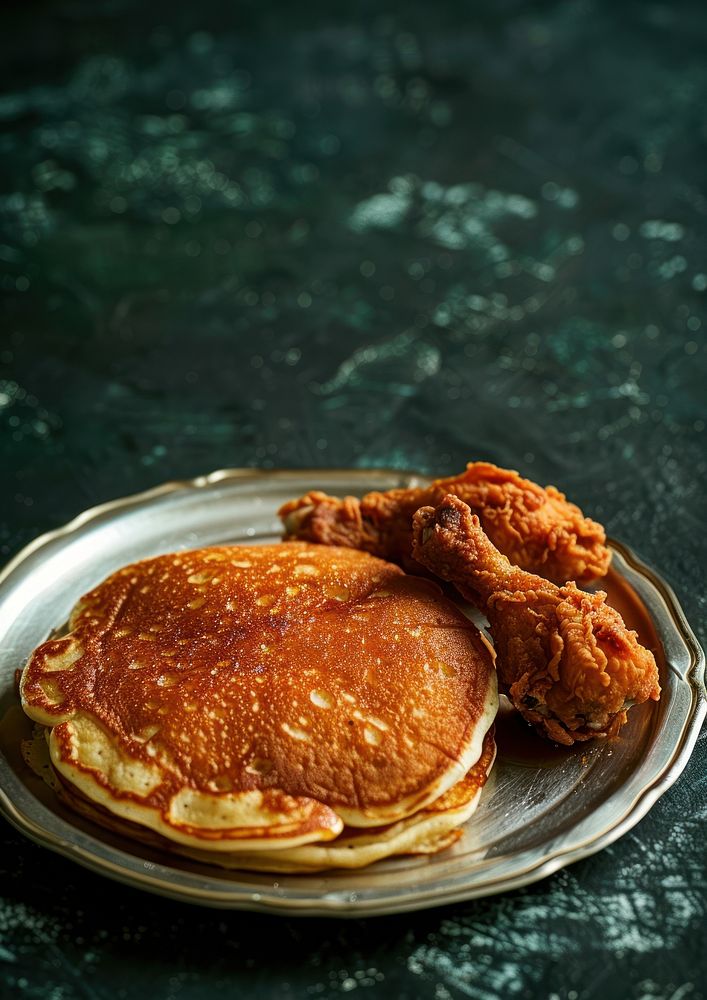 An old-fashioned pancake with fried chicken by side food bread meat.