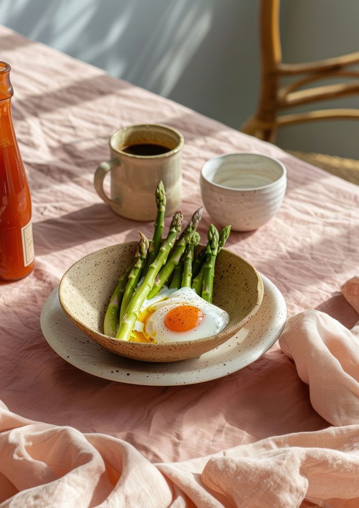 Asparagus with a poached egg in an elegant terracotta bowl plate food mug.