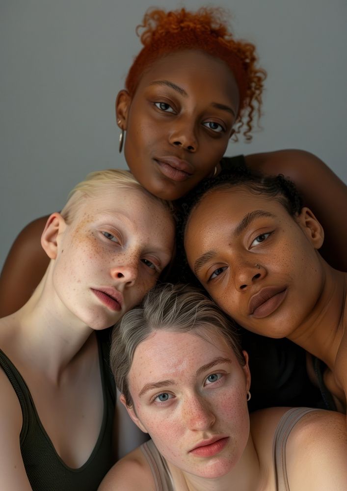 Group of four women of different nationalities and skin colors photo head photography.