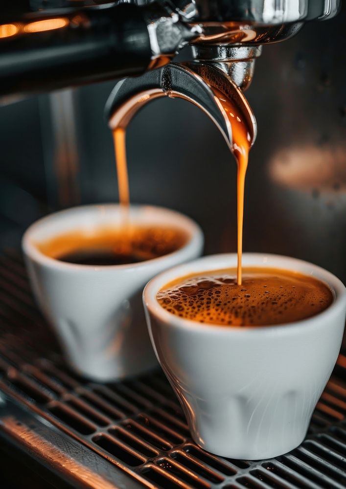 Espresso being poured into two white cups from an espresso machine coffee beverage cooking.
