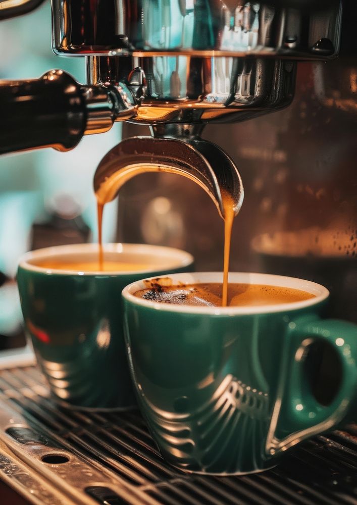 Espresso being poured into two green mugs from an espresso machine beverage coffee drink.