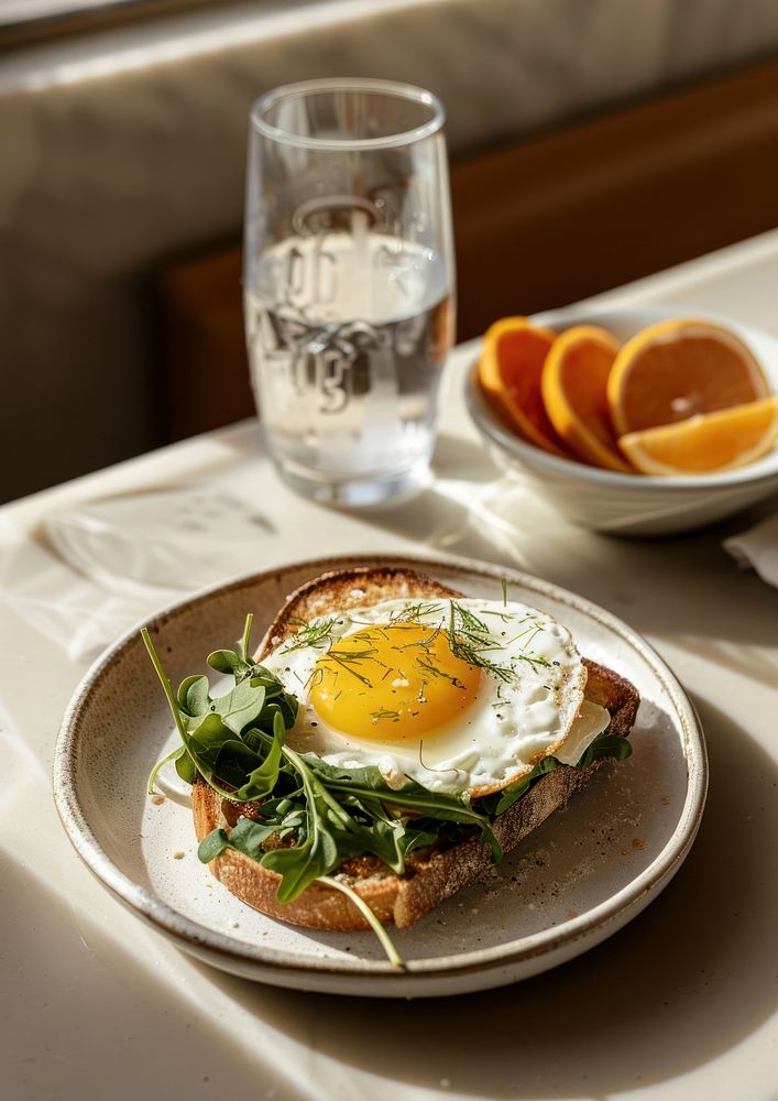 Small white plate with fried egg on toast and greens on top food burger brunch.