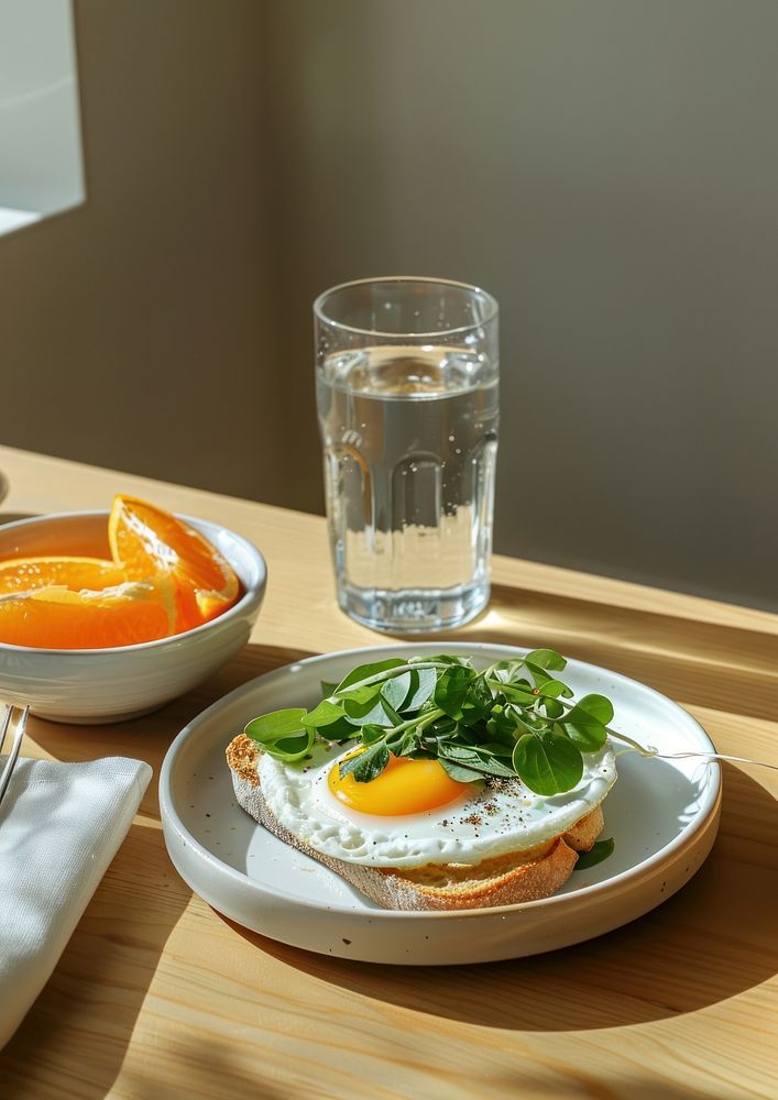 Small white plate with fried egg on toast and greens on top food brunch cup.